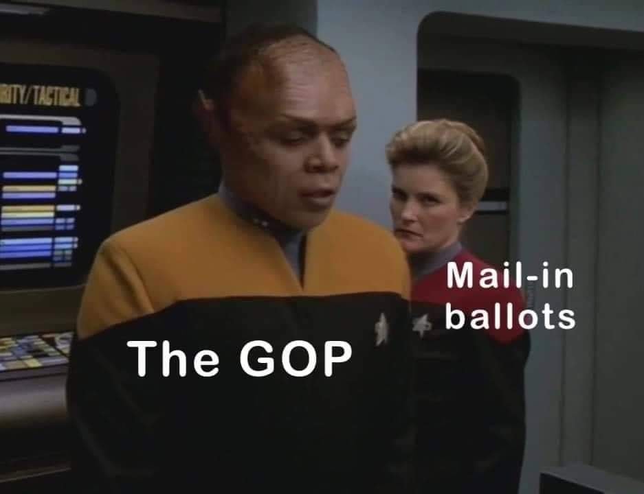 The meme features a screenshot from Star Trek: The Next Generation, with Captain Jean-Luc Picard looking at a PADD (Personal Access Display Device) with a puzzled expression. The text on the PADD reads "The GOP" and "The Democrats", but the meme replaces the second label with "The People" and adds a caption that says "When you finally realize who's been in charge all along".